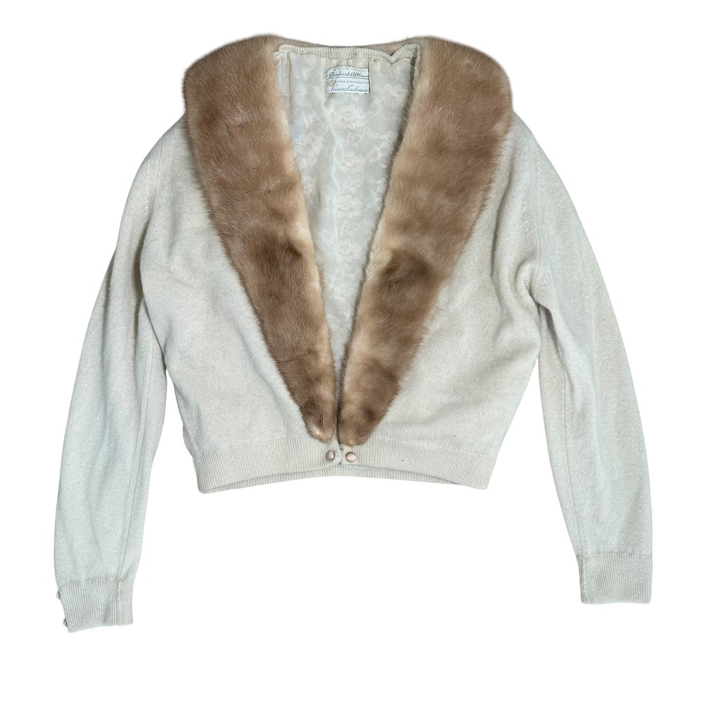 Bernhard Altmann Mink Fur Collar Cashmere Sweater Silk Lace Lining L Cream 1950s